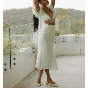 Sabo Skirt Jacqui Cutout Midi‎ Dress Sage Green Crinkle Puff Sleeve Tie Front XS